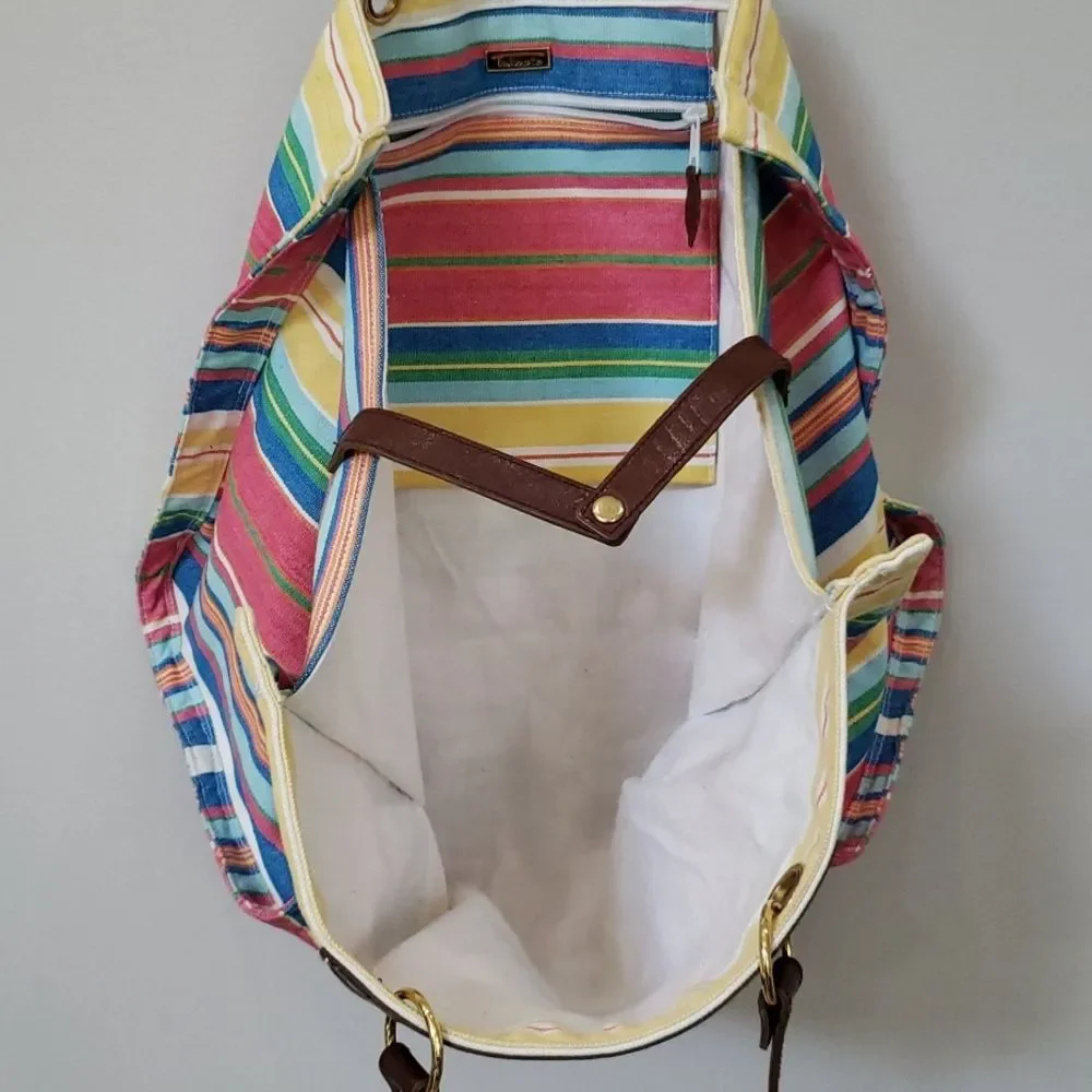 Talbots Tote Colorful Striped Cotton Leather Double Handles XL Beach Mom Stuff